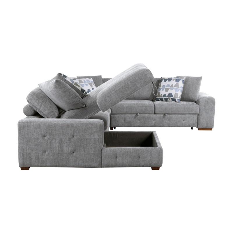 Pemberly Row 5-Piece Chenille Sectional with Left Chaise Ottoman and Bed in Gray
