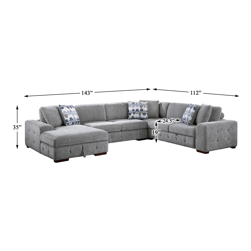 Pemberly Row 5-Piece Chenille Sectional with Left Chaise Ottoman and Bed in Gray
