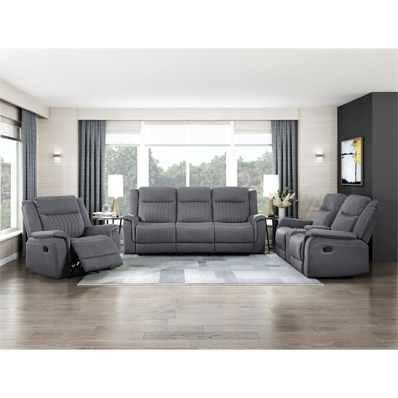 Pemberly Row Polished Microfiber Double Reclining Love Seat with Console in Gray