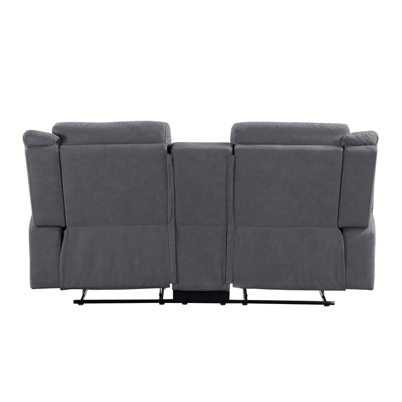 Pemberly Row Polished Microfiber Double Reclining Love Seat with Console in Gray