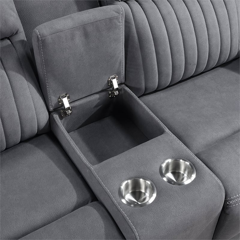 Pemberly Row Polished Microfiber Double Reclining Love Seat with Console in Gray