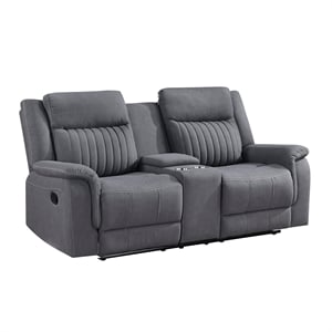 Pemberly Row Polished Microfiber Double Reclining Love Seat with Console in Gray