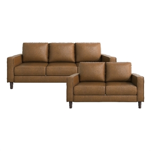 Pemberly Row Faux Leather 2-Piece Upholstered Sofa Set with Track Arms in Brown