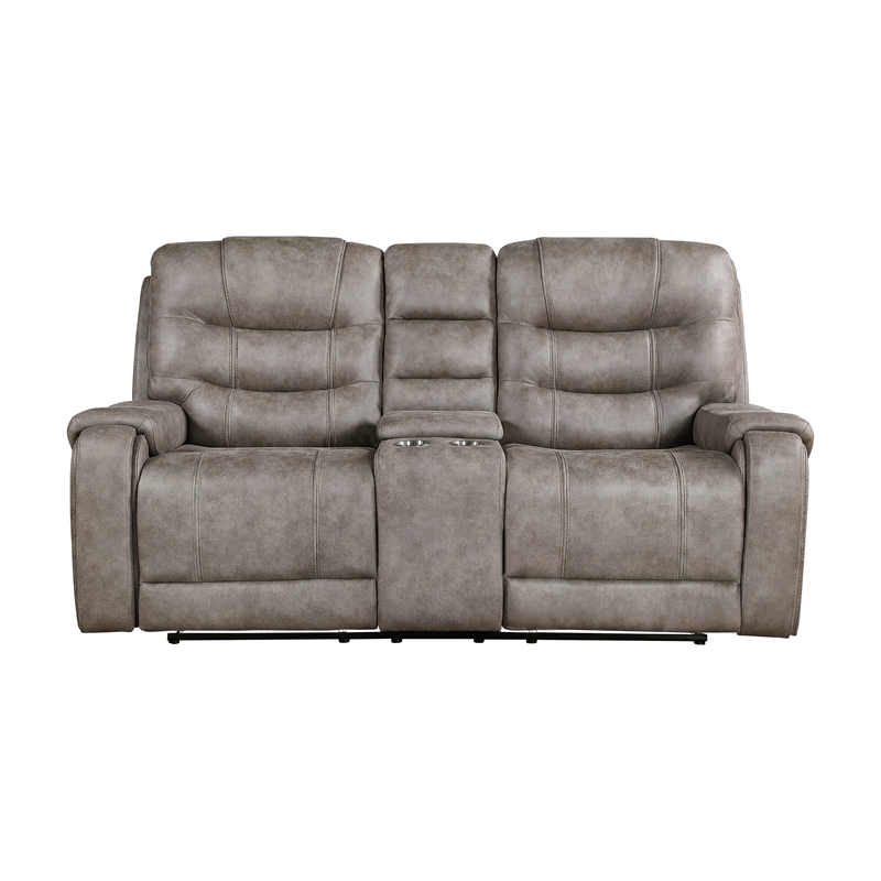 Pemberly Row Microfiber Double Reclining Love Seat with Console in Grayish Brown