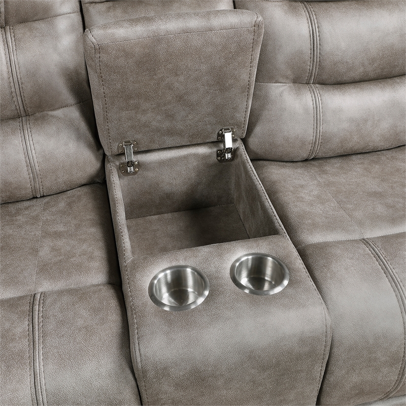 Pemberly Row Microfiber Double Reclining Love Seat with Console in Grayish Brown