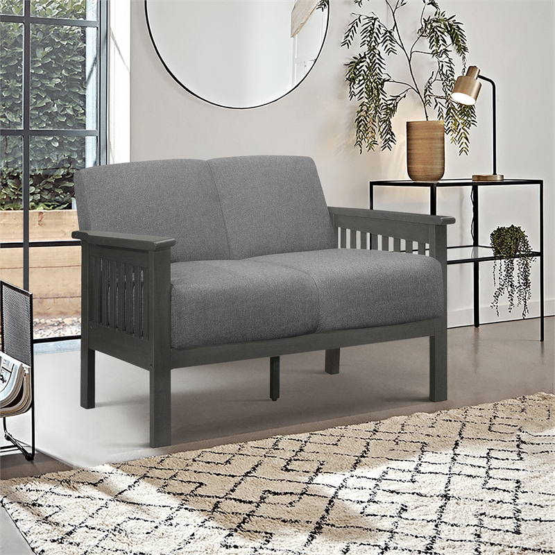 Pemberly Row Textured Fabric 2-Piece Upholstered Sofa Set with Wood Arms in Gray