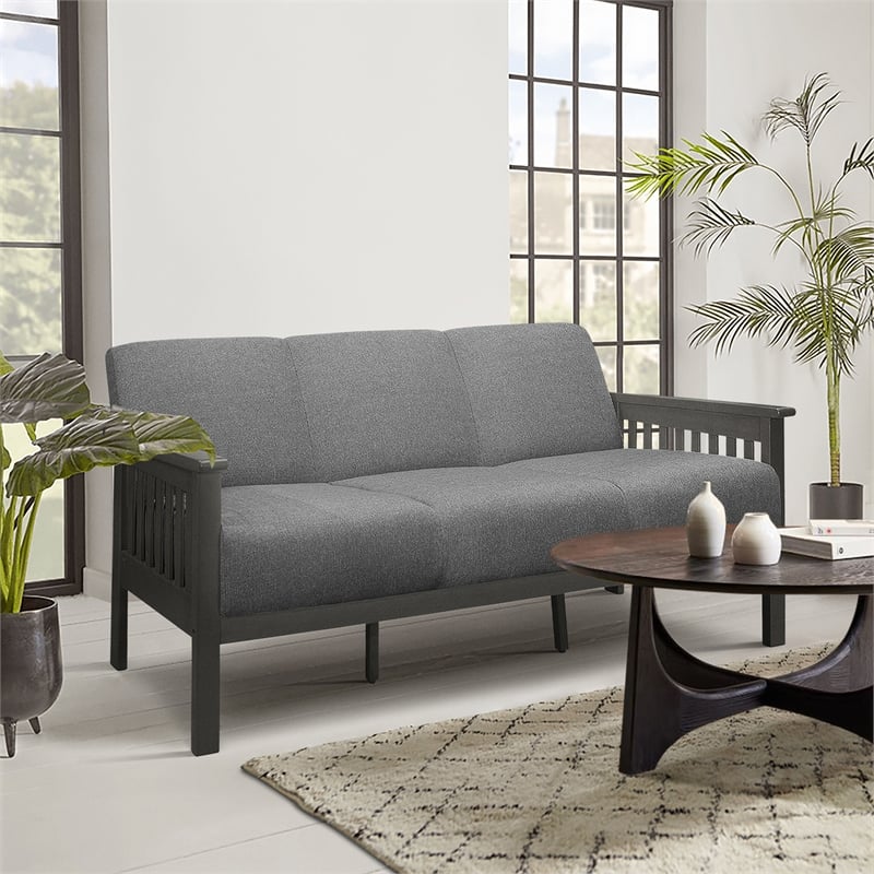 Pemberly Row Textured Fabric 2-Piece Upholstered Sofa Set with Wood Arms in Gray