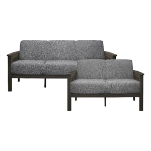Pemberly Row Textured Fabric 2-Piece Upholstered Sofa Set with Wood Arms in Gray
