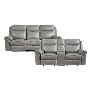 Pemberly Row Faux Leather 2-Piece Manual Reclining Sofa Set with USB in Gray
