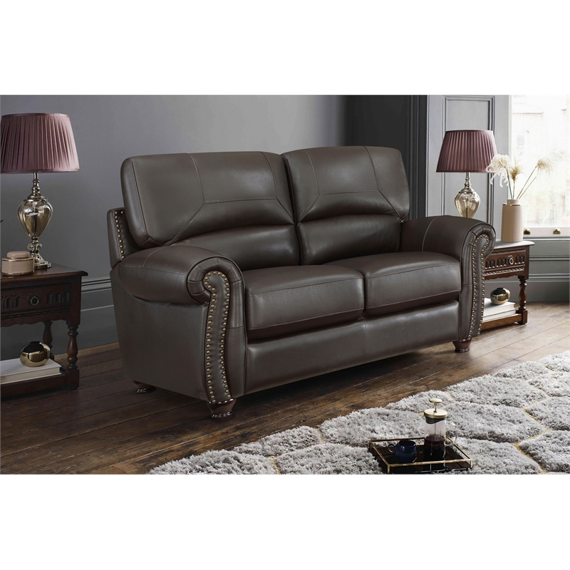Pemberly Row Top Grain Leather 2-Piece Sofa Set with Nailhead Trim in Dark Brown