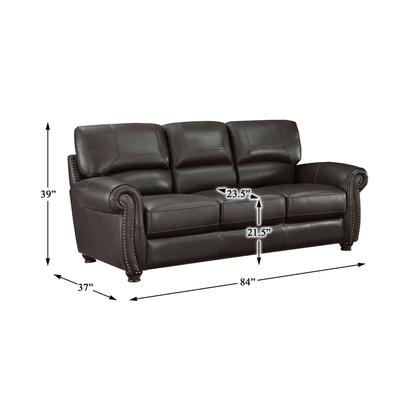 Pemberly Row Top Grain Leather 2-Piece Sofa Set with Nailhead Trim in Dark Brown