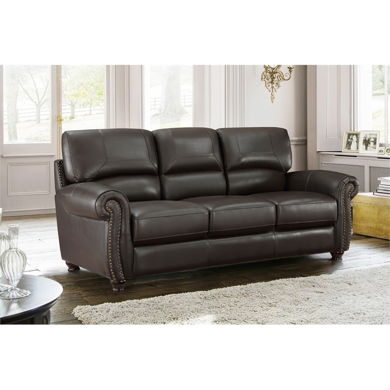 Pemberly Row Top Grain Leather 2-Piece Sofa Set with Nailhead Trim in Dark Brown
