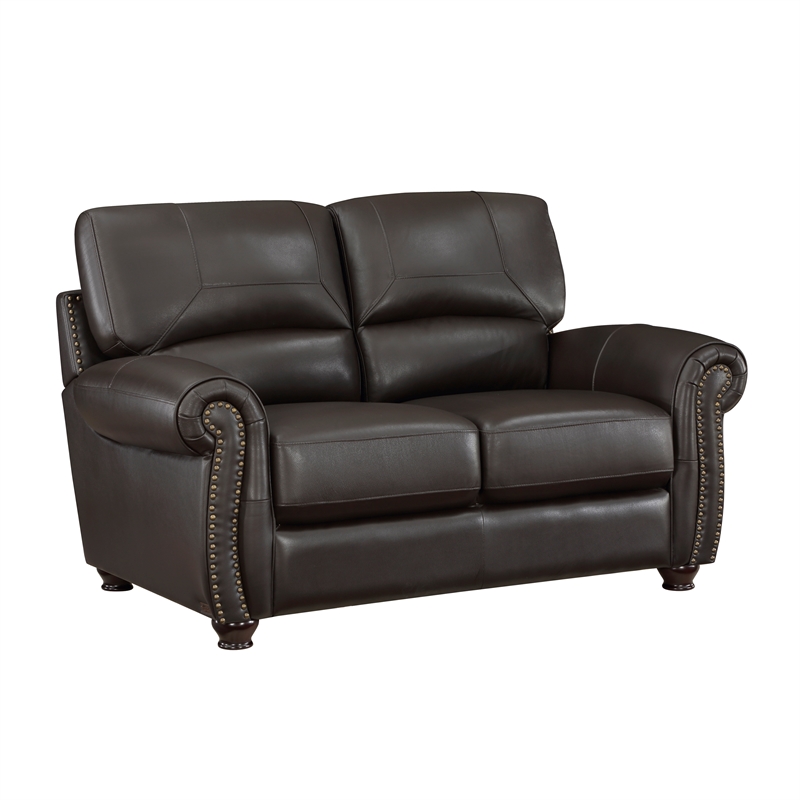 Pemberly Row Top Grain Leather 2-Piece Sofa Set with Nailhead Trim in Dark Brown