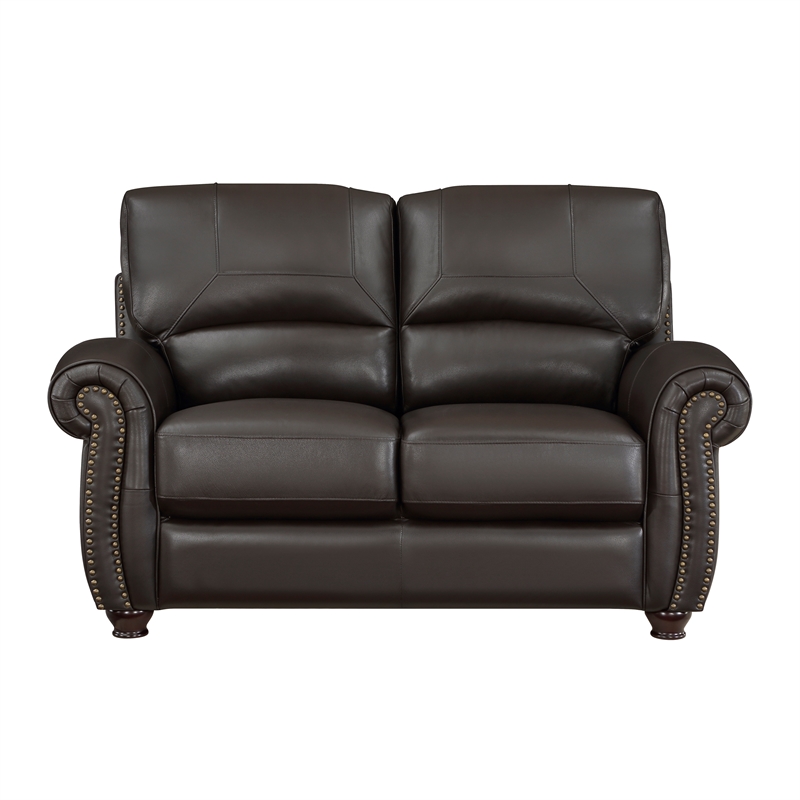 Pemberly Row Top Grain Leather 2-Piece Sofa Set with Nailhead Trim in Dark Brown