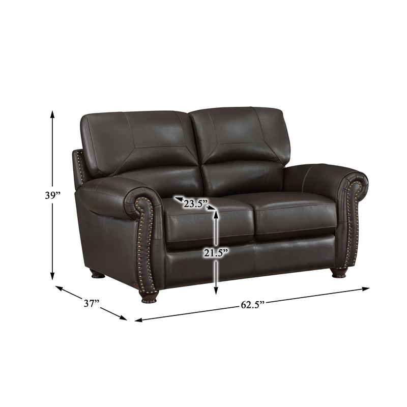 Pemberly Row Top Grain Leather 2-Piece Sofa Set with Nailhead Trim in Dark Brown
