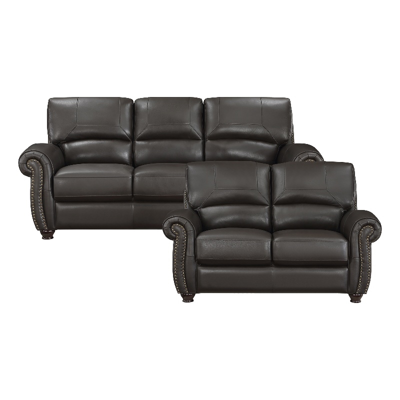 Pemberly Row Top Grain Leather 2-Piece Sofa Set with Nailhead Trim in Dark Brown