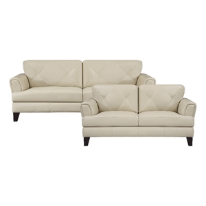Pemberly Row Top Grain Leather 2-Piece Sofa Set with Geometric Tufting in Cream