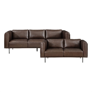 Pemberly Row Top Grain Leather 2-Piece Low-Back Sofa Set with Metal Legs - Brown