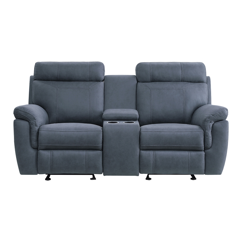 Pemberly Row Microfiber 2-Piece Manual Reclining Sofa Set with Console in Blue