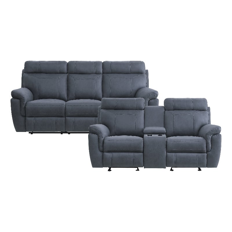 Pemberly Row Microfiber 2-Piece Manual Reclining Sofa Set with Console in Blue
