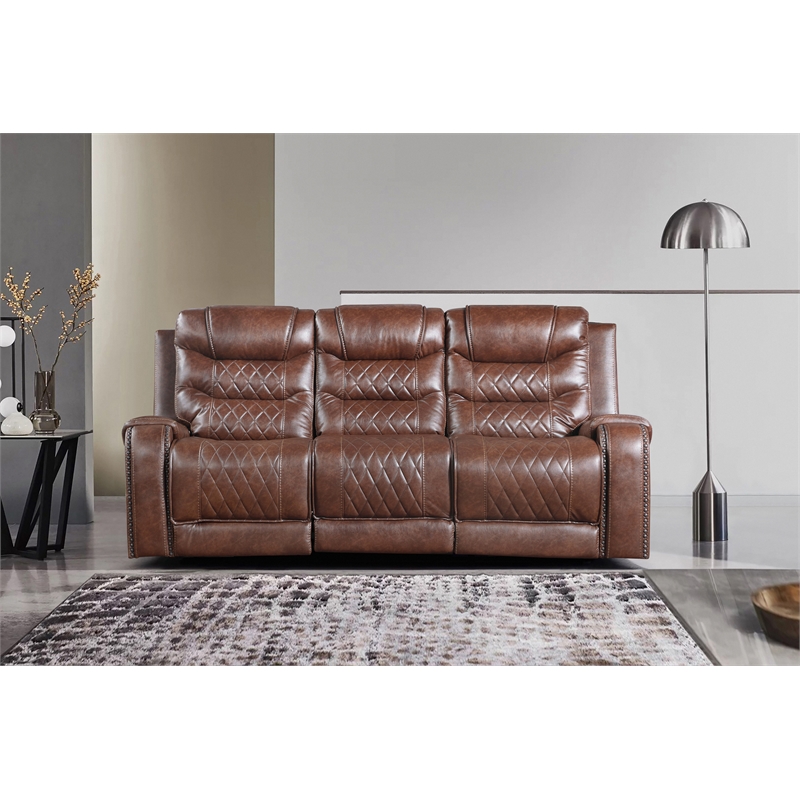 Pemberly Row Faux Leather 2-Piece Power Reclining Sofa Set with Nailhead - Brown