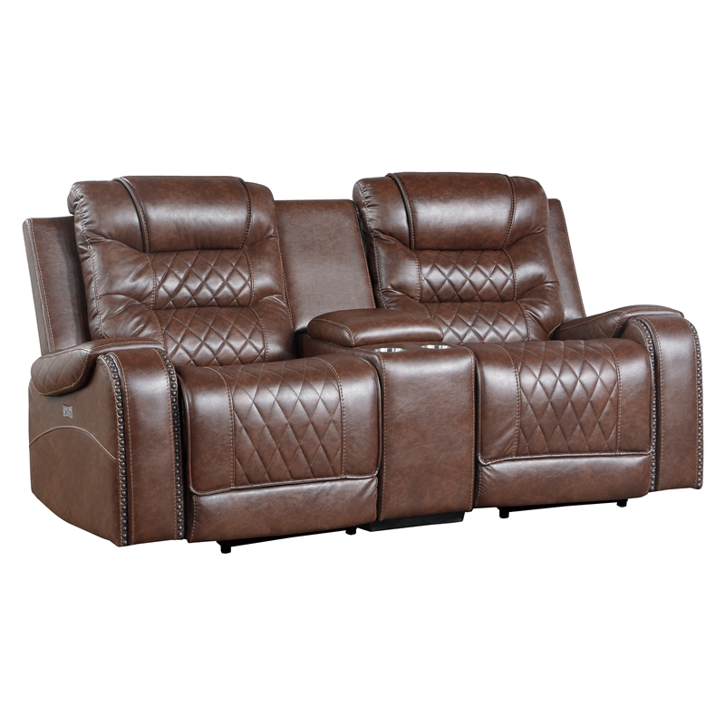 Pemberly Row Faux Leather 2-Piece Power Reclining Sofa Set with Nailhead - Brown