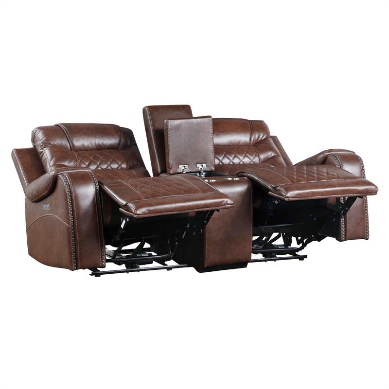 Pemberly Row Faux Leather 2-Piece Power Reclining Sofa Set with Nailhead - Brown