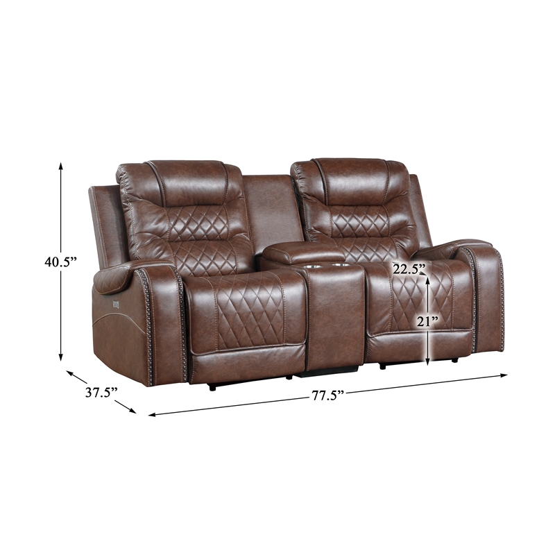 Pemberly Row Faux Leather 2-Piece Power Reclining Sofa Set with Nailhead - Brown