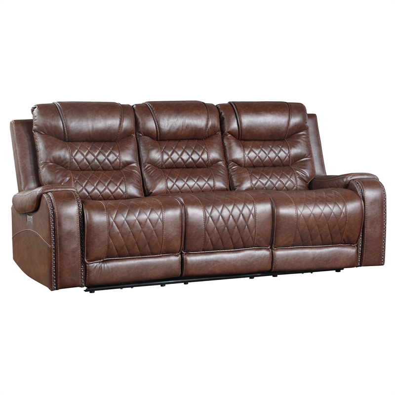 Pemberly Row Faux Leather 2-Piece Power Reclining Sofa Set with Nailhead - Brown