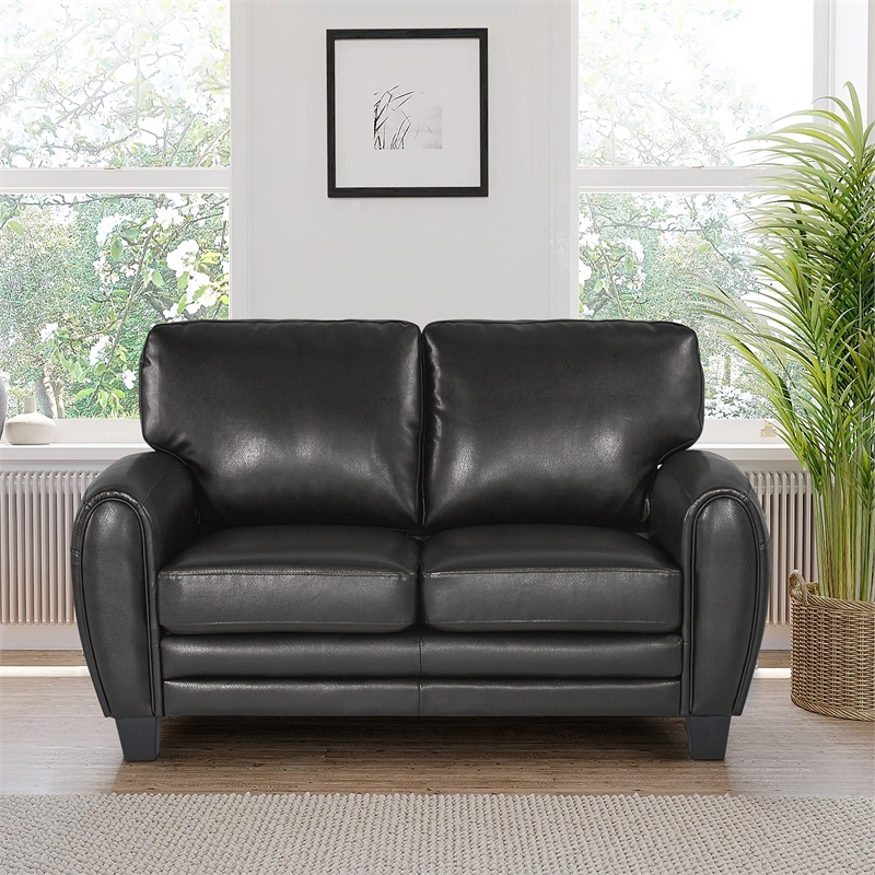 Pemberly Row Faux Leather 2-Piece Retro-Style Sofa Set 300 lbs in Black