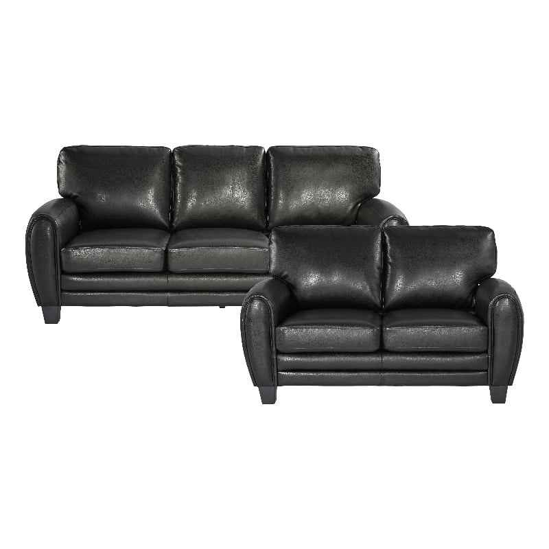 Pemberly Row Faux Leather 2-Piece Retro-Style Sofa Set 300 lbs in Black