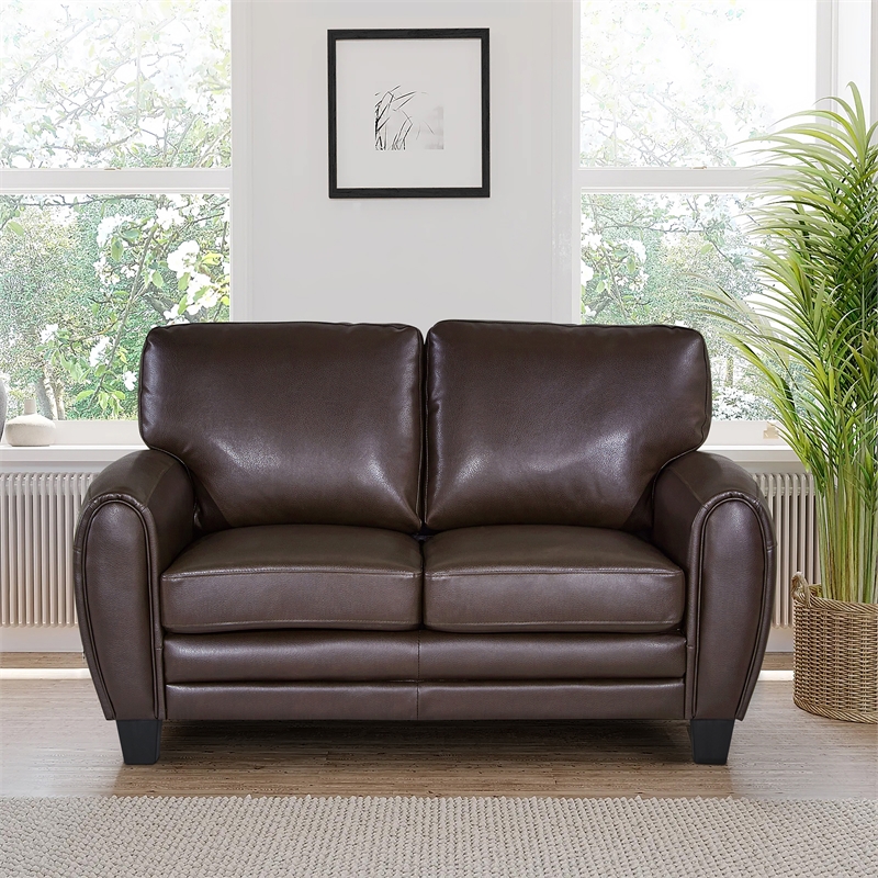 Pemberly Row Faux Leather 2-Piece Retro-Style Sofa Set 300 lbs in Dark Brown