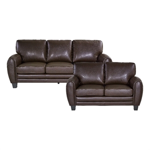 Pemberly Row Faux Leather 2-Piece Retro-Style Sofa Set 300 lbs in Dark Brown