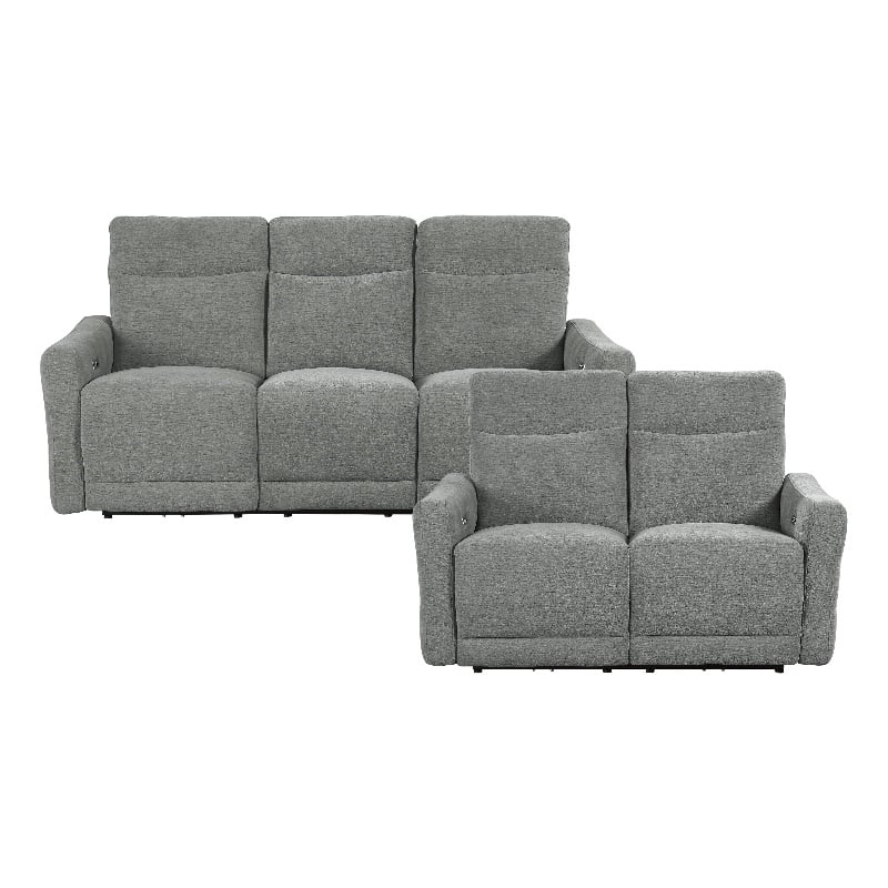 Pemberly Row Chenille 2-Piece Power Lay-Flat Reclining Sofa Set with USB in Gray