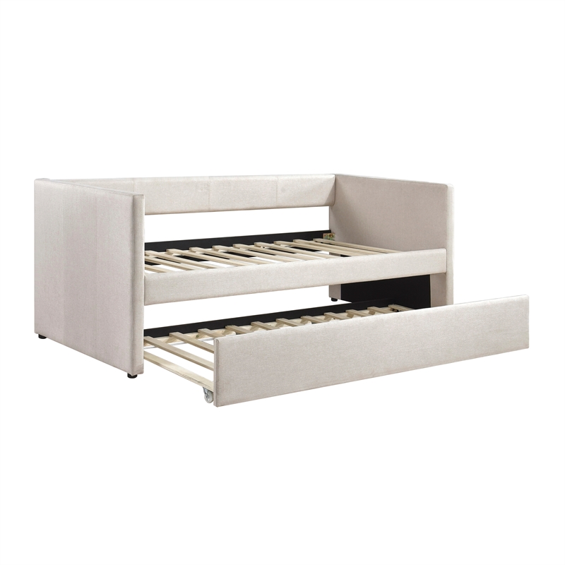 Pemberly Row Textured Fabric Daybed with Pull-Out Trundle 300 lbs in Beige