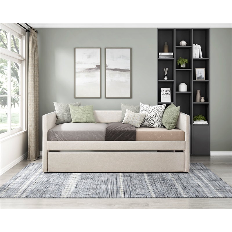 Pemberly Row Textured Fabric Daybed with Pull-Out Trundle 300 lbs in Beige