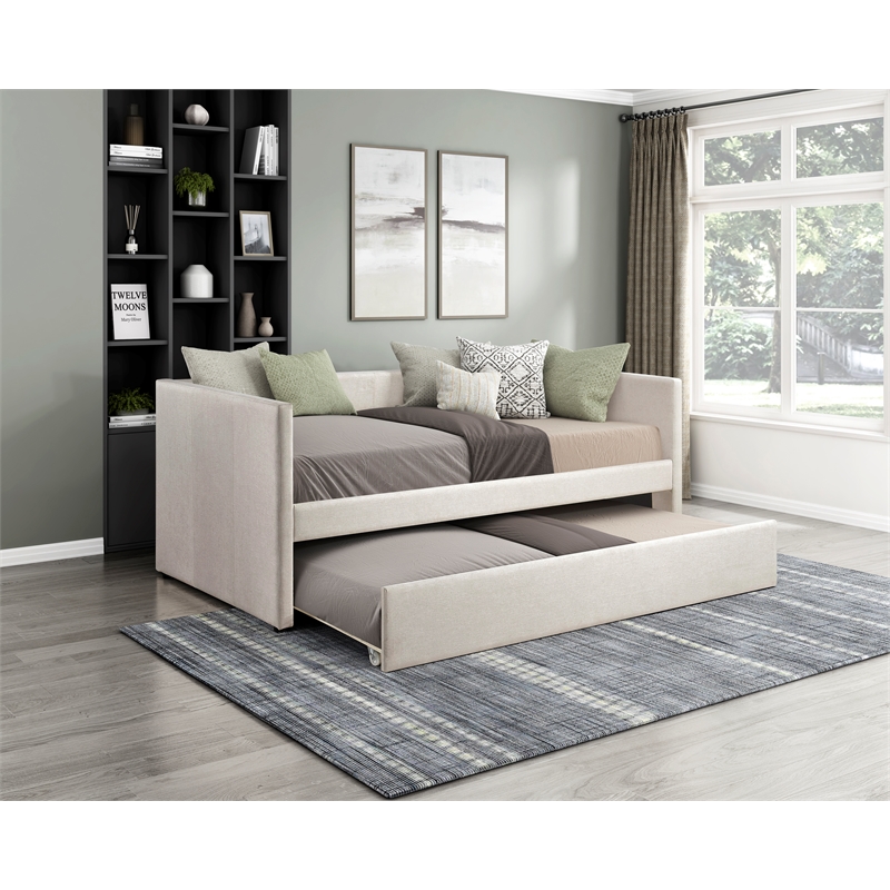 Pemberly Row Textured Fabric Daybed with Pull-Out Trundle 300 lbs in Beige