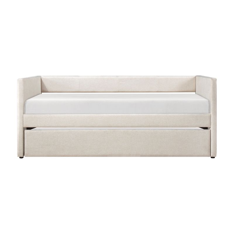 Pemberly Row Textured Fabric Daybed with Pull-Out Trundle 300 lbs in Beige