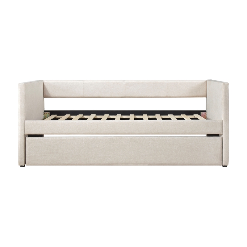 Pemberly Row Textured Fabric Daybed with Pull-Out Trundle 300 lbs in Beige