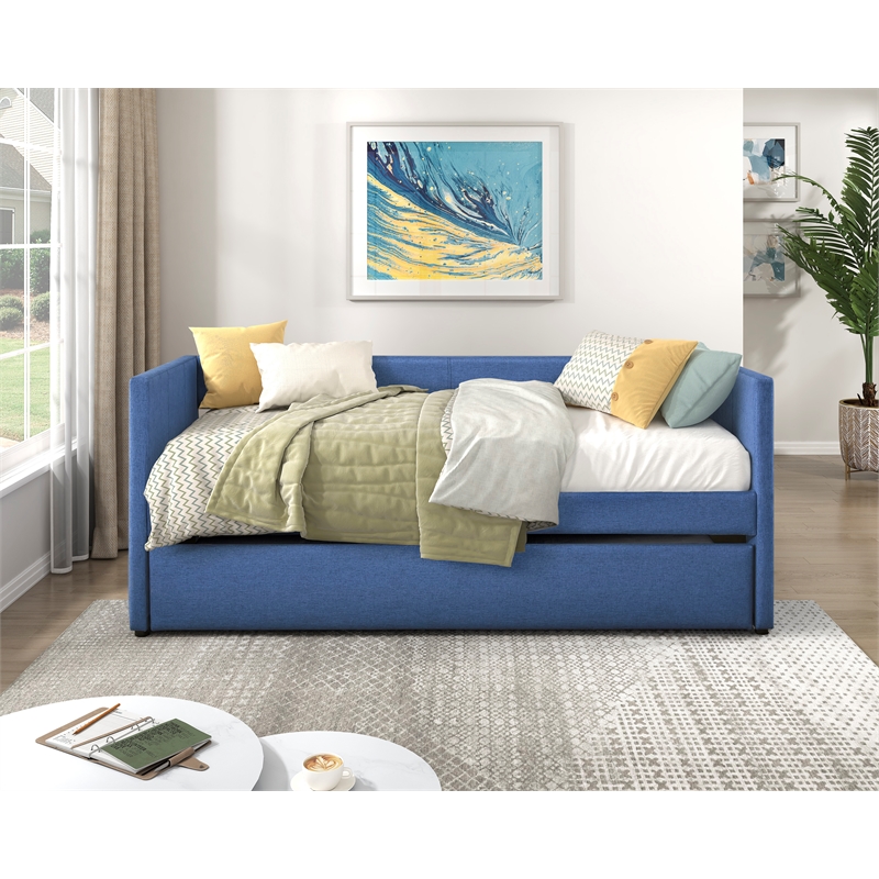 Pemberly Row Textured Fabric Daybed with Pull-Out Trundle 300 lbs in Blue