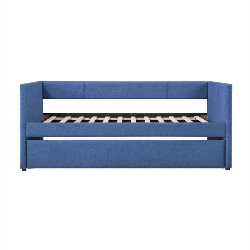 Pemberly Row Textured Fabric Daybed with Pull-Out Trundle 300 lbs in Blue