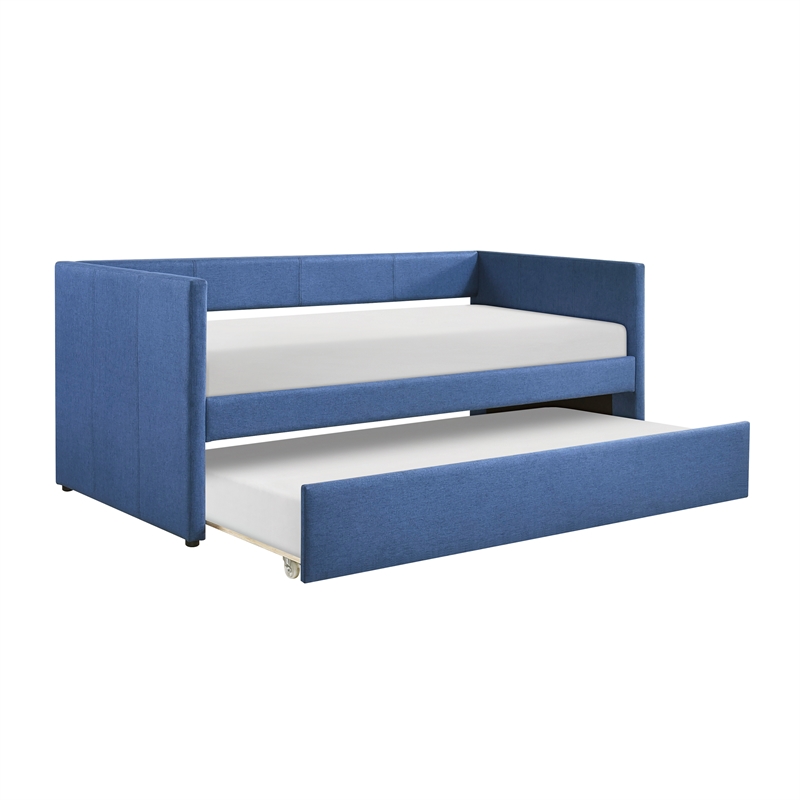 Pemberly Row Textured Fabric Daybed with Pull-Out Trundle 300 lbs in Blue