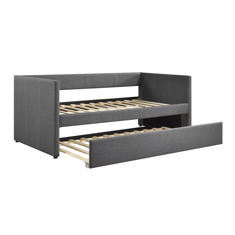 Pemberly Row Textured Fabric Daybed with Pull-Out Trundle 300 lbs in Dark Gray