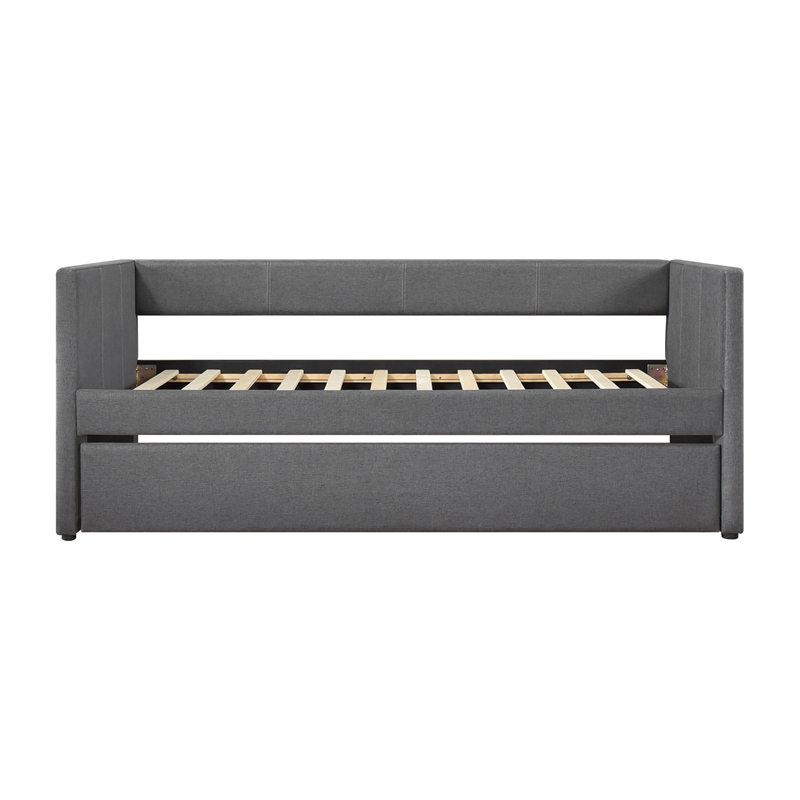 Pemberly Row Textured Fabric Daybed with Pull-Out Trundle 300 lbs in Dark Gray