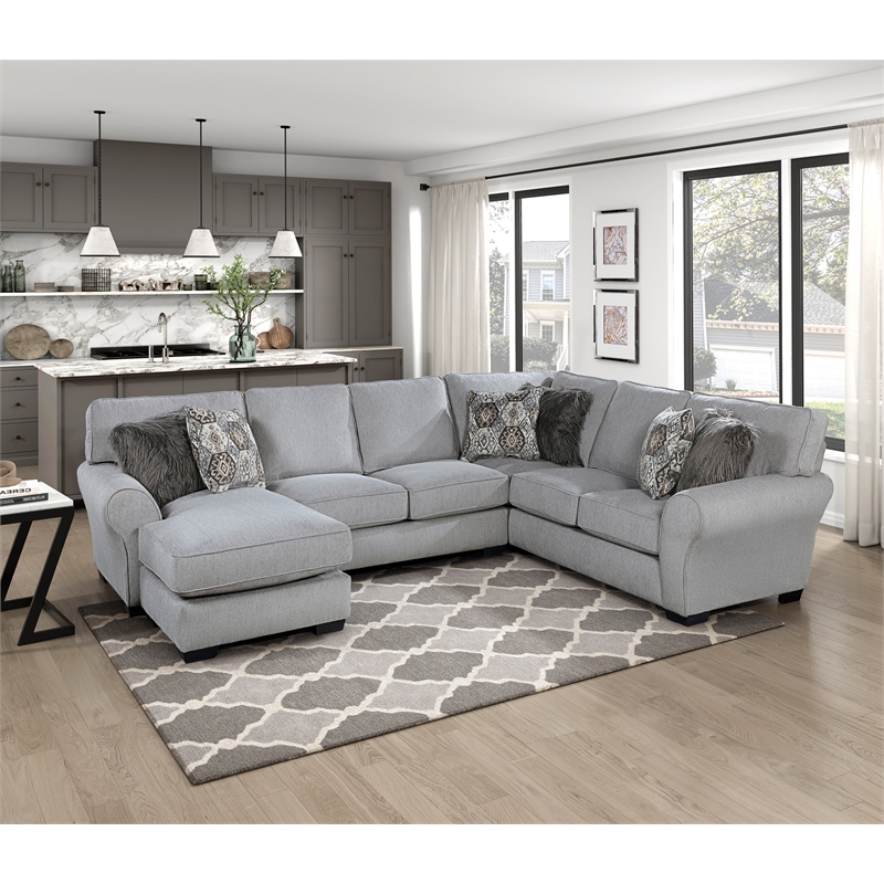 Pemberly Row Chenille 2-Piece Reversible Sectional with Faux Fur Pillows in Gray