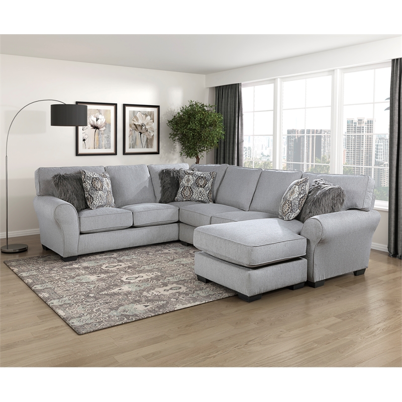 Pemberly Row Chenille 2-Piece Reversible Sectional with Faux Fur Pillows in Gray