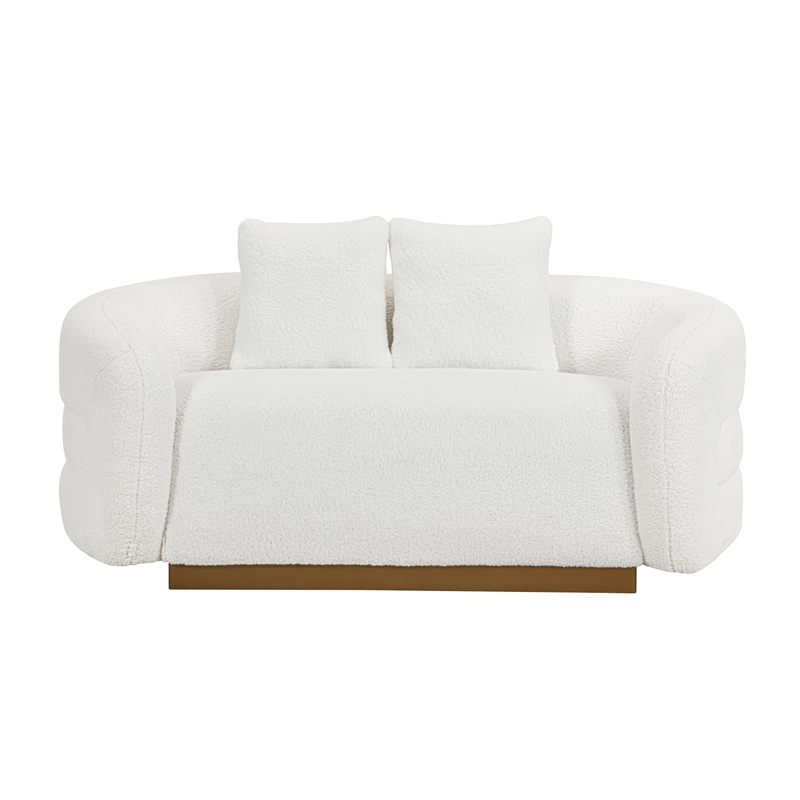 Pemberly Row Sherpa Fabric Love Seat with Gold Base and Pillows in White