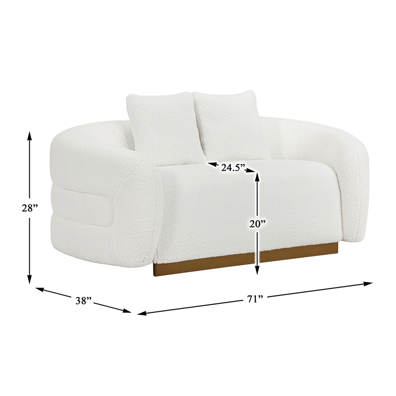Pemberly Row Sherpa Fabric Love Seat with Gold Base and Pillows in White