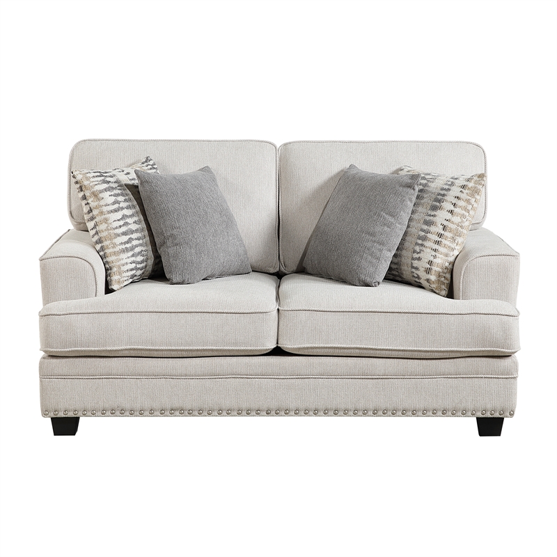 Pemberly Row Chenille Love Seat with Nailhead Trim and Pillows in Sand