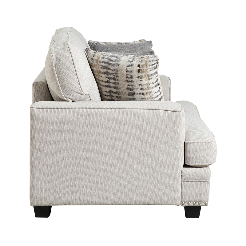 Pemberly Row Chenille Love Seat with Nailhead Trim and Pillows in Sand